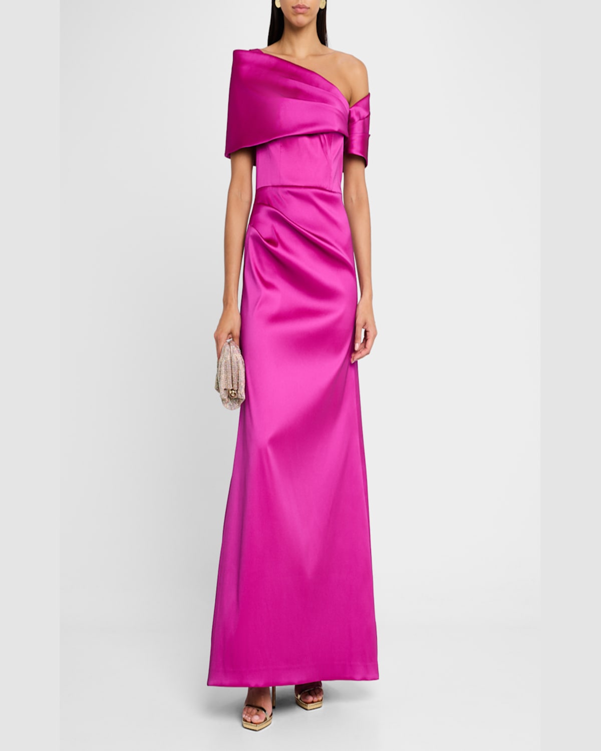 Rickie Freeman For Teri Jon Pleated One-shoulder Stretch Mikado Gown In Raspberry