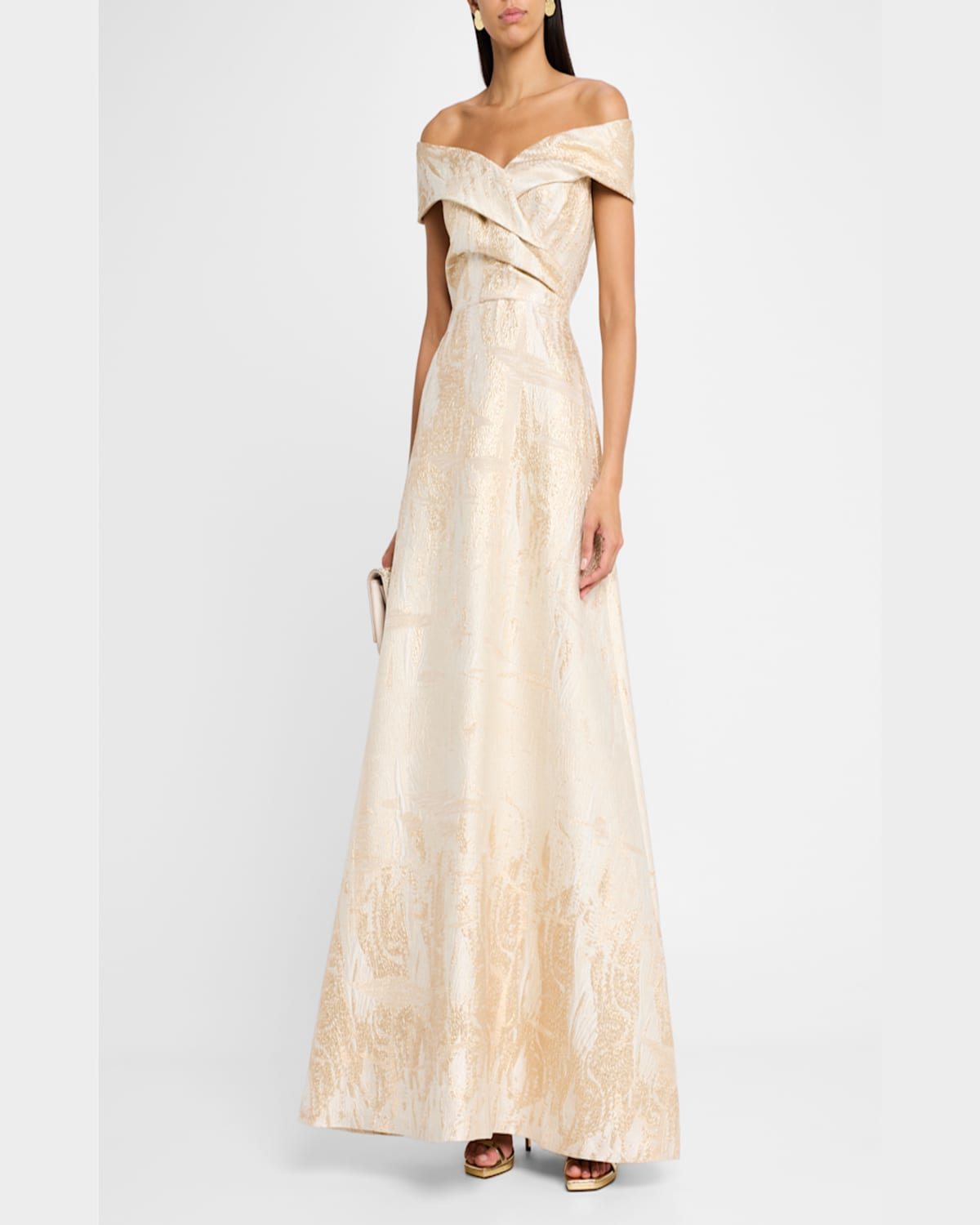 Rickie Freeman For Teri Jon Off-shoulder Metallic Jacquard Gown In Champagne Gold