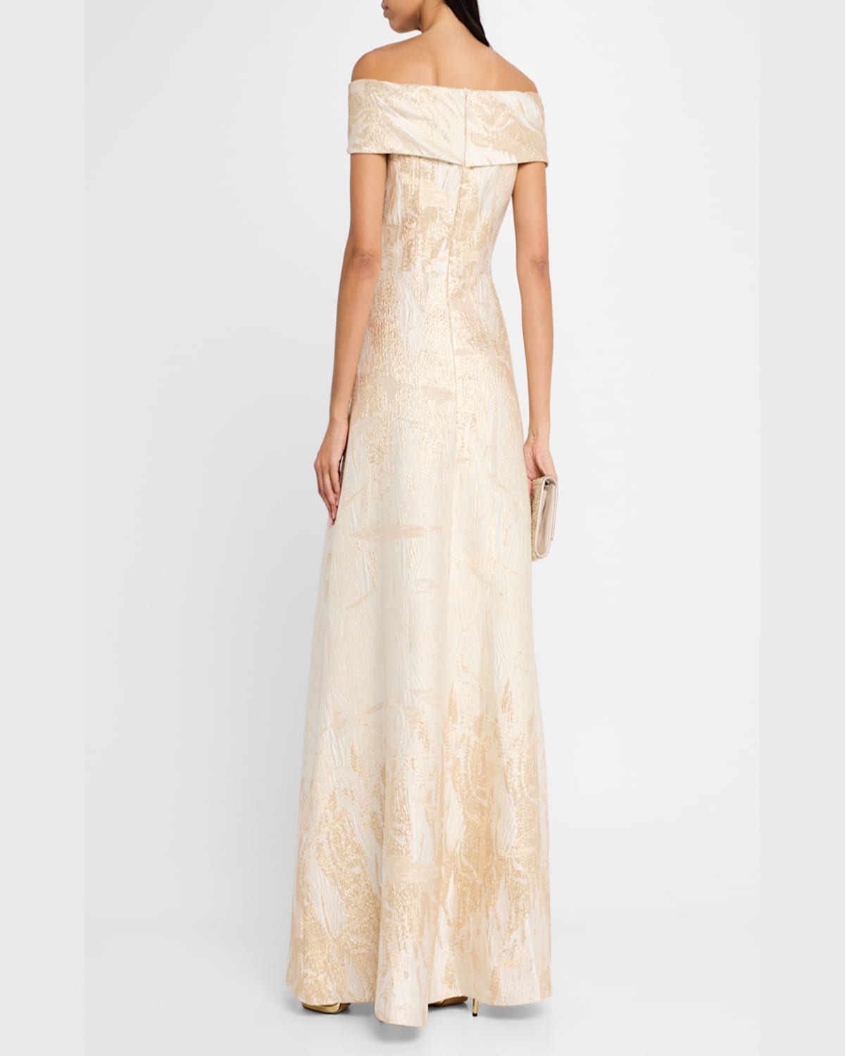 Rickie Freeman For Teri Jon Off-shoulder Metallic Jacquard Gown In Champagne Gold