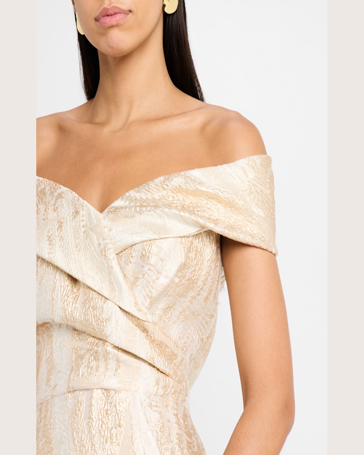 Rickie Freeman For Teri Jon Off-shoulder Metallic Jacquard Gown In Champagne Gold