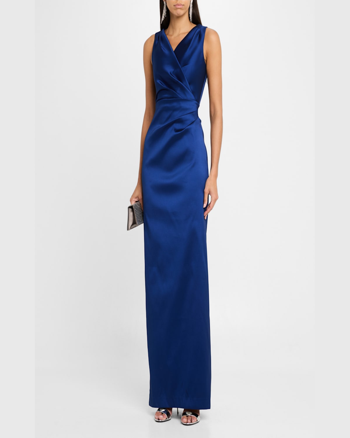 Rickie Freeman For Teri Jon Pleated Stretch Mikado Column Gown In Sapphire