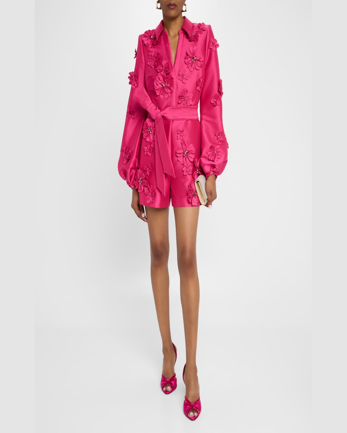 Badgley Mischka Blouson-sleeve Floral Applique Romper In Hot Fuschia