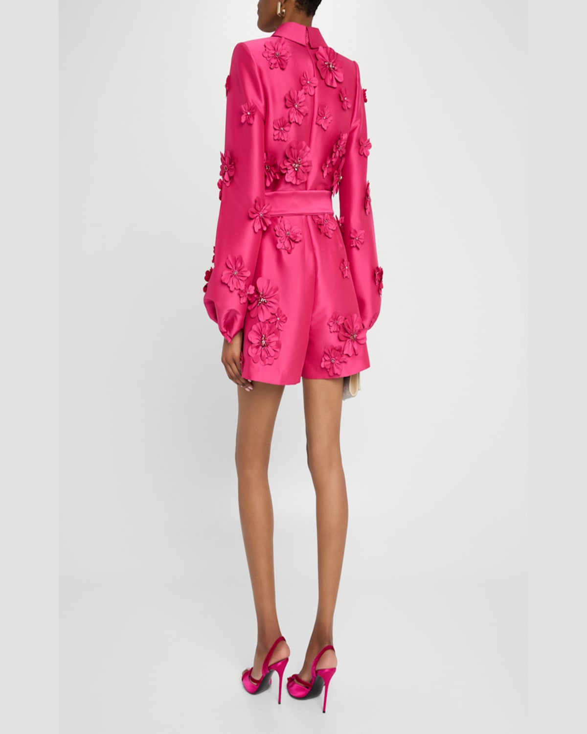Badgley Mischka Blouson-sleeve Floral Applique Romper In Hot Fuschia