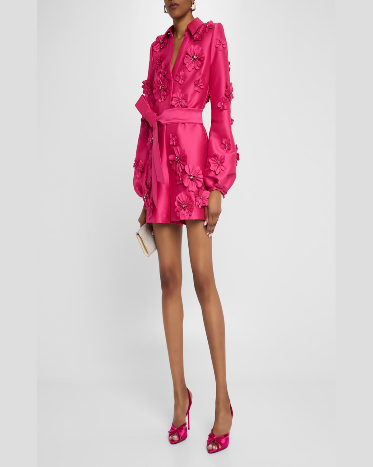 Badgley Mischka Blouson-sleeve Floral Applique Romper In Hot Fuschia