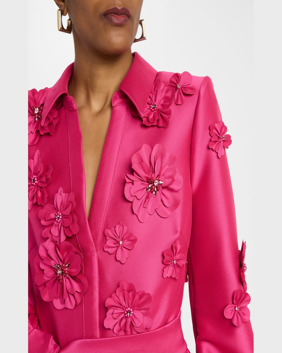 Badgley Mischka Blouson-sleeve Floral Applique Romper In Hot Fuschia