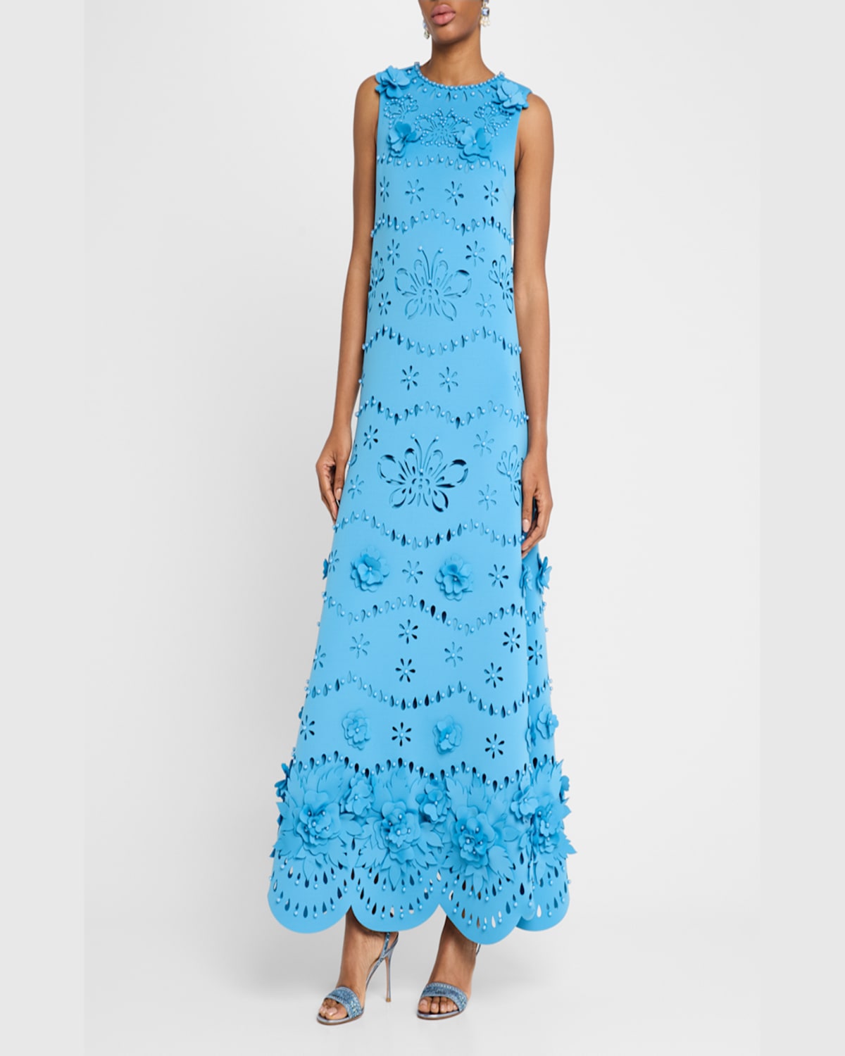 Badgley Mischka Cutout Beaded Floral Applique Gown In Azure