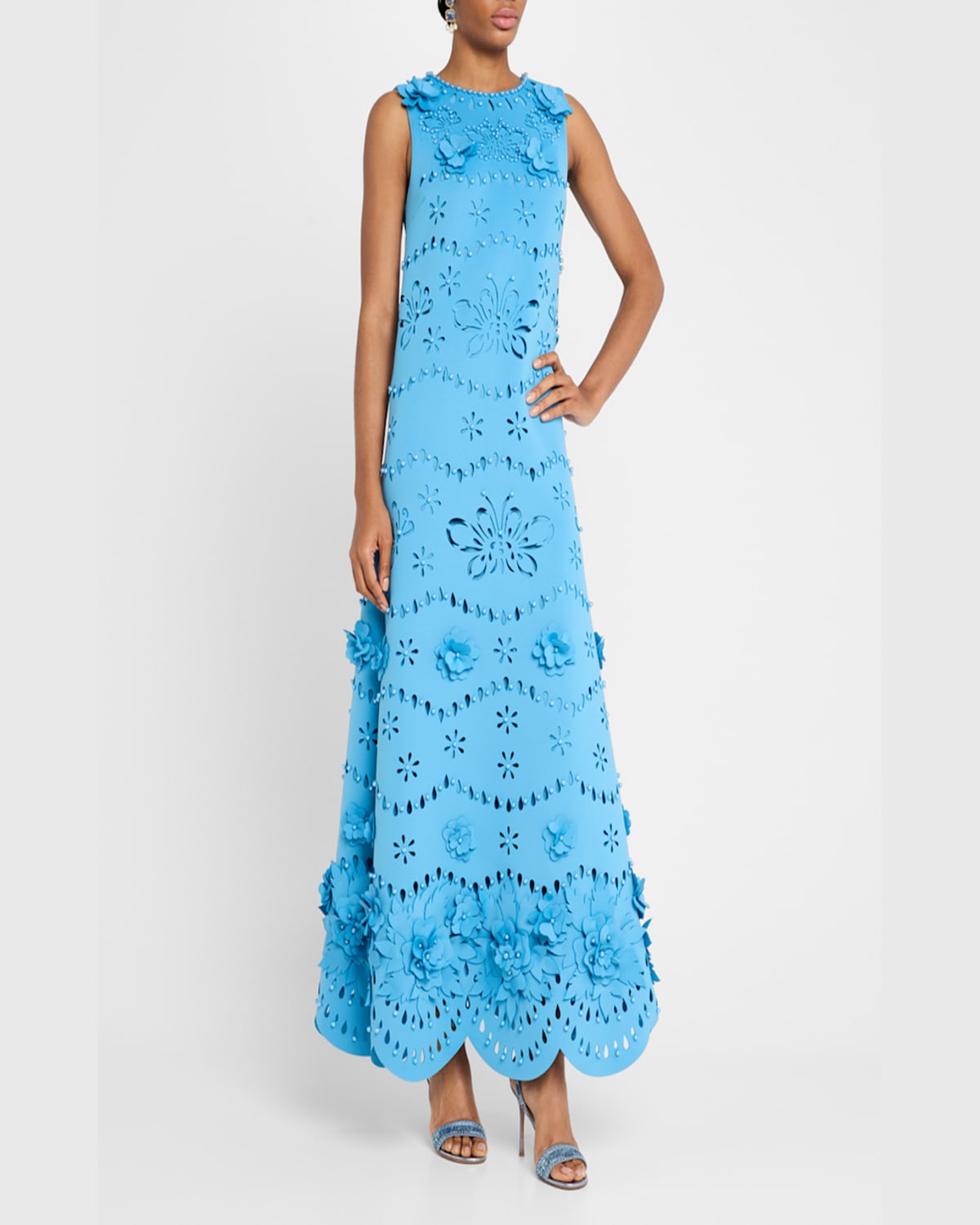 Badgley Mischka Cutout Beaded Floral Applique Gown In Azure