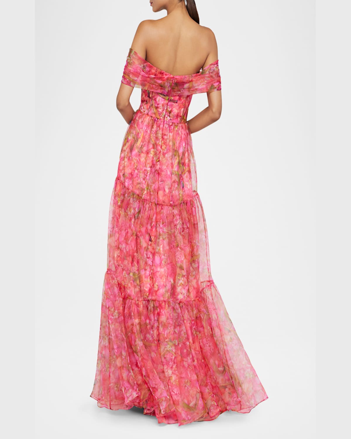 Theia Tia Tiered Off-shoulder Organza Gown In Hydra Floral