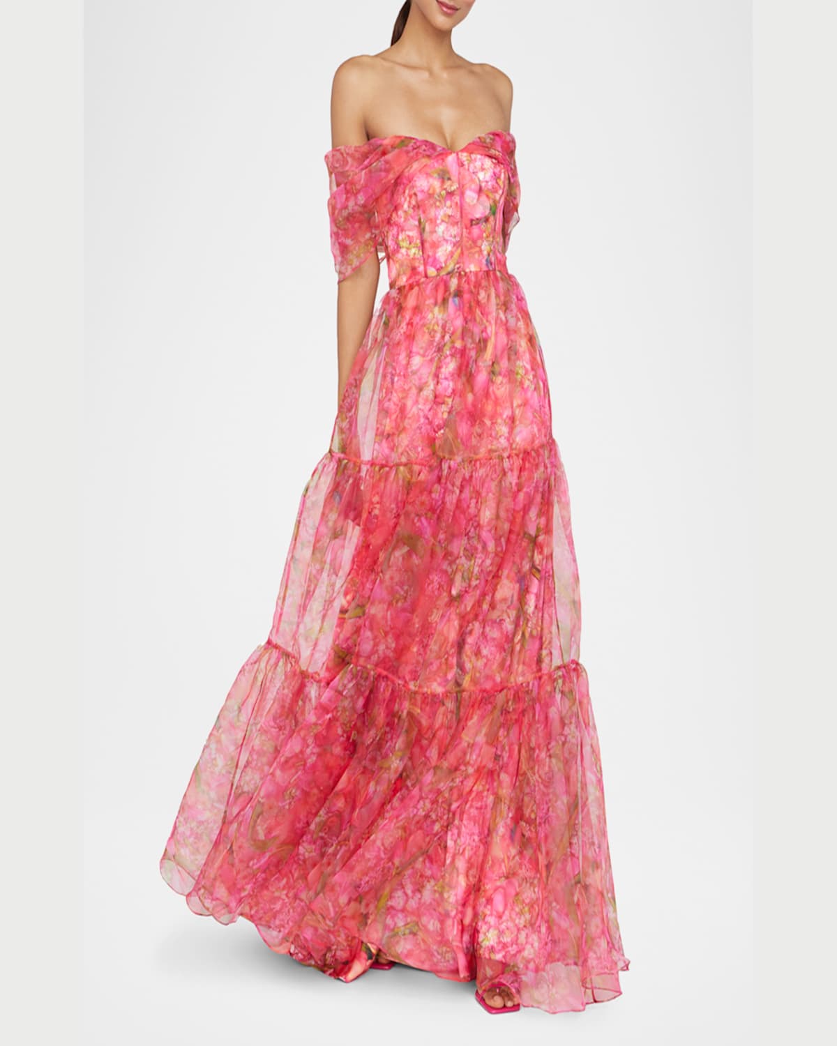 Theia Tia Tiered Off-shoulder Organza Gown In Hydra Floral