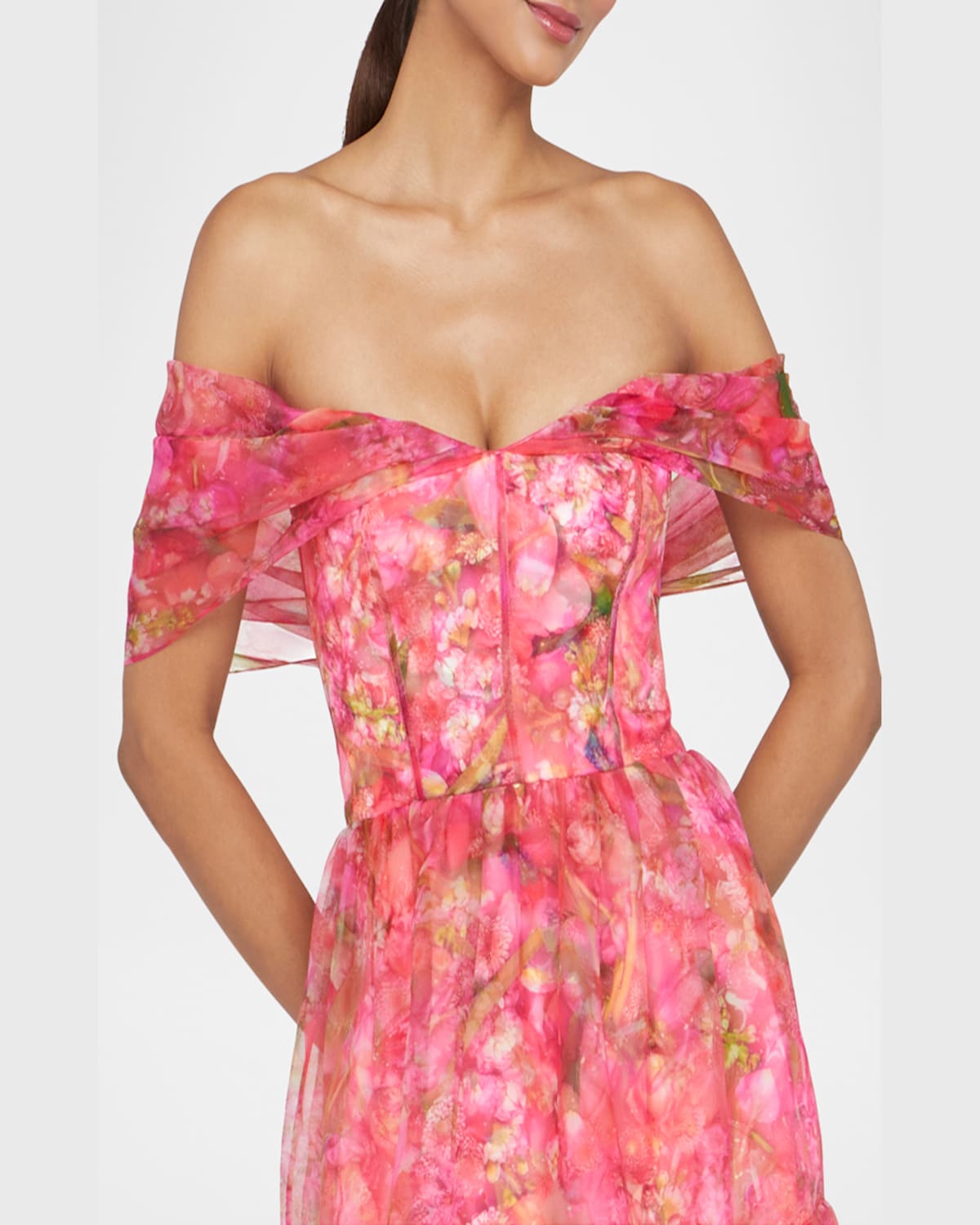 Theia Tia Tiered Off-shoulder Organza Gown In Hydra Floral