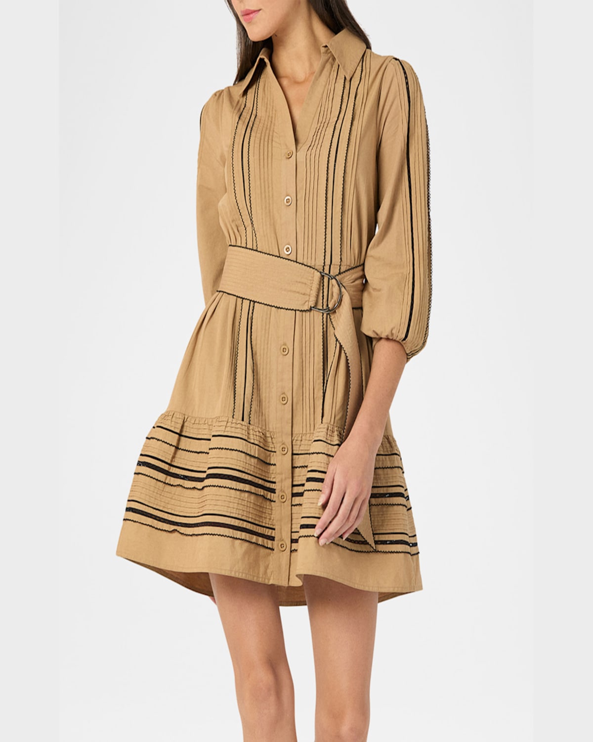 SHOSHANNA TOWNS PINTUCK FLOUNCE COTTON MINI DRESS