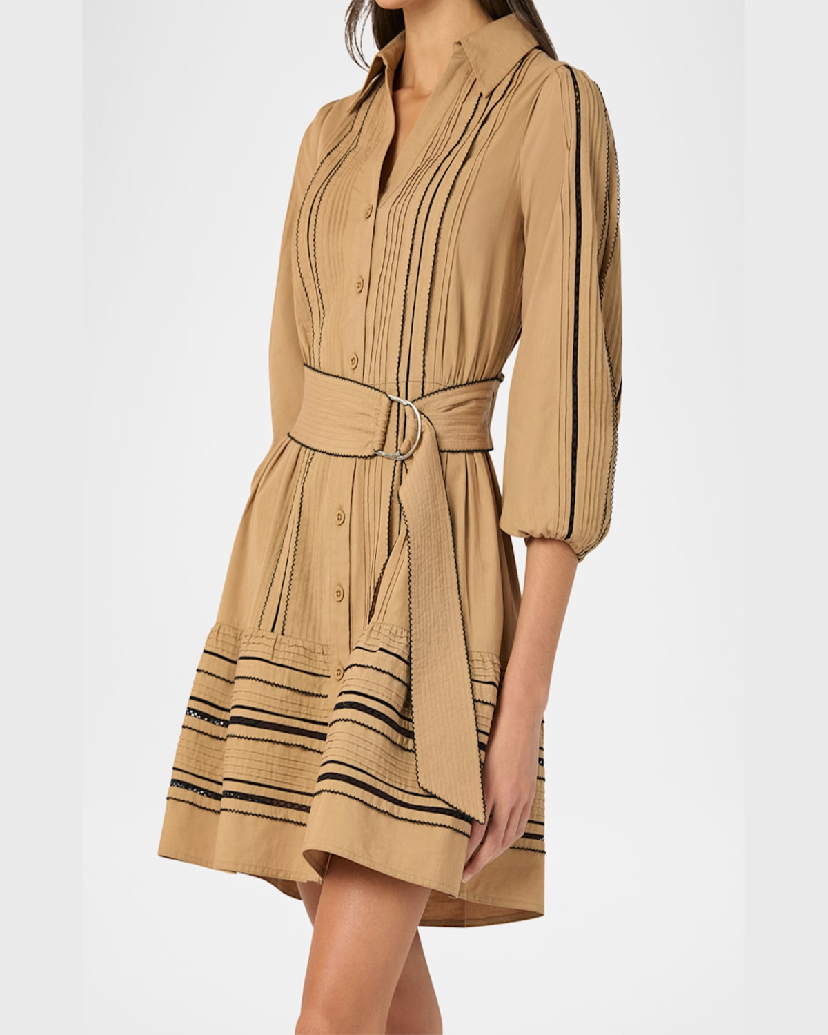 SHOSHANNA TOWNS PINTUCK FLOUNCE COTTON MINI DRESS