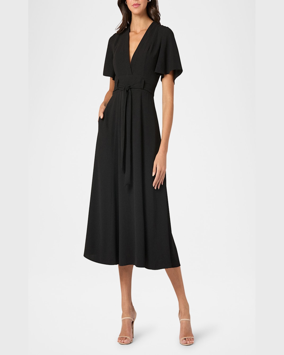 Shoshanna Molly Belted Flutter-sleeve Midi Dress In Jet