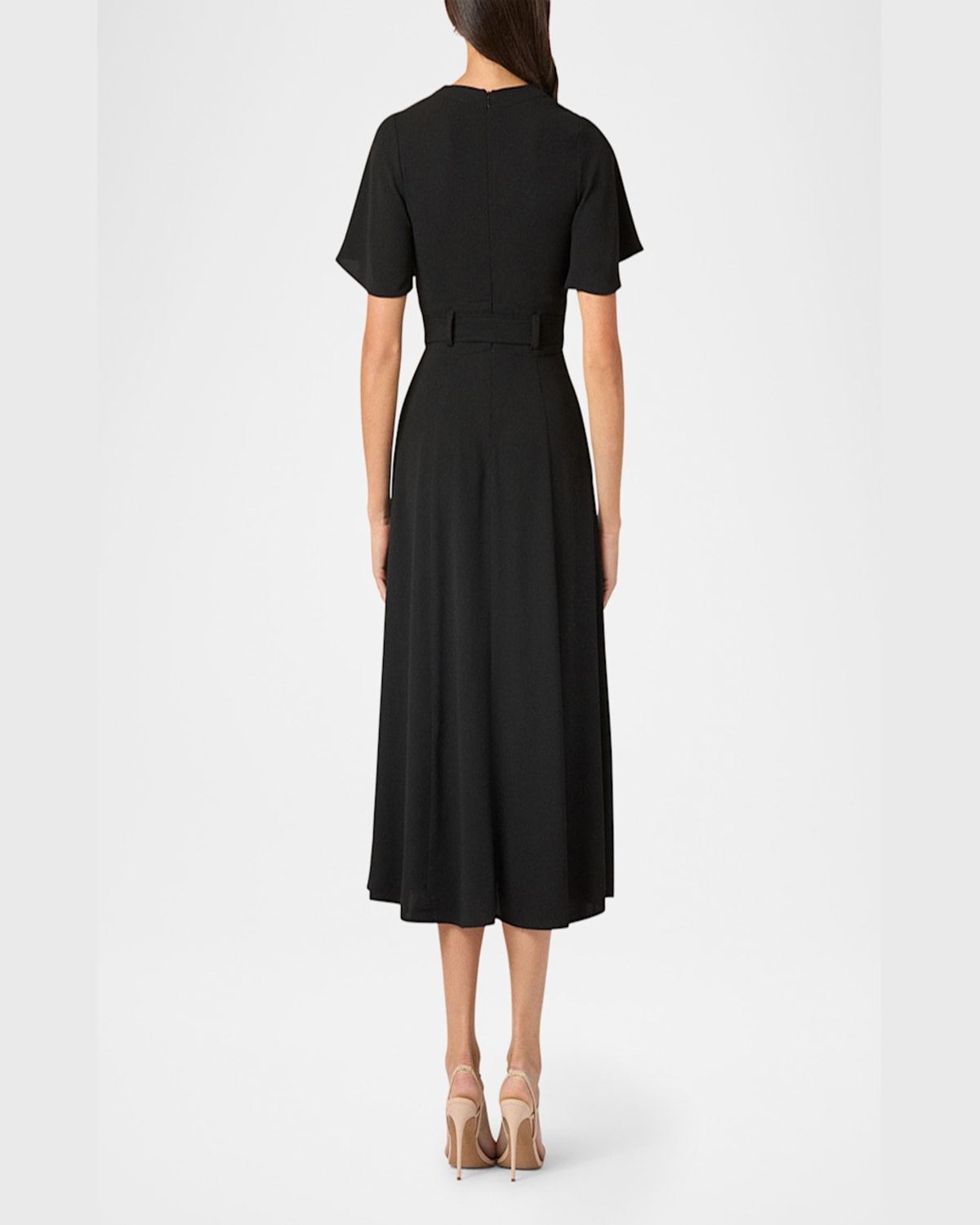 Shoshanna Molly Belted Flutter-sleeve Midi Dress In Jet