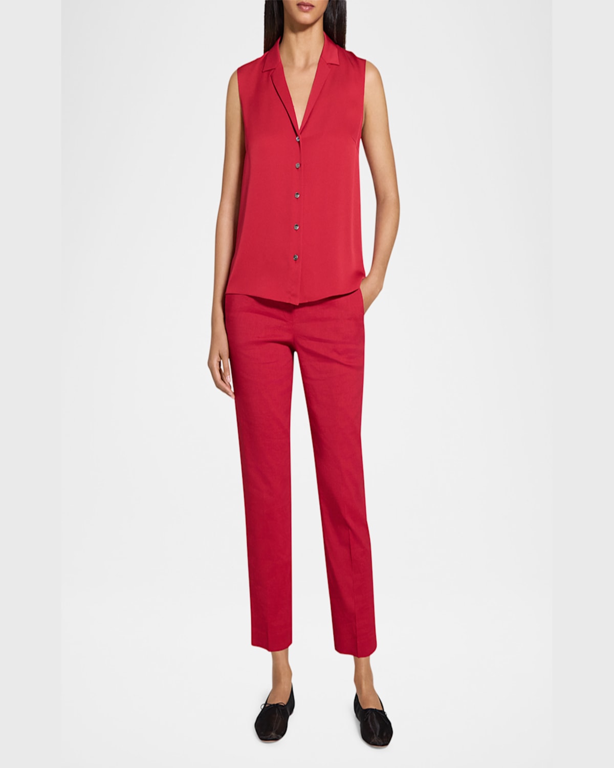 Theory Sleeveless Button Front Silk Top In Chry