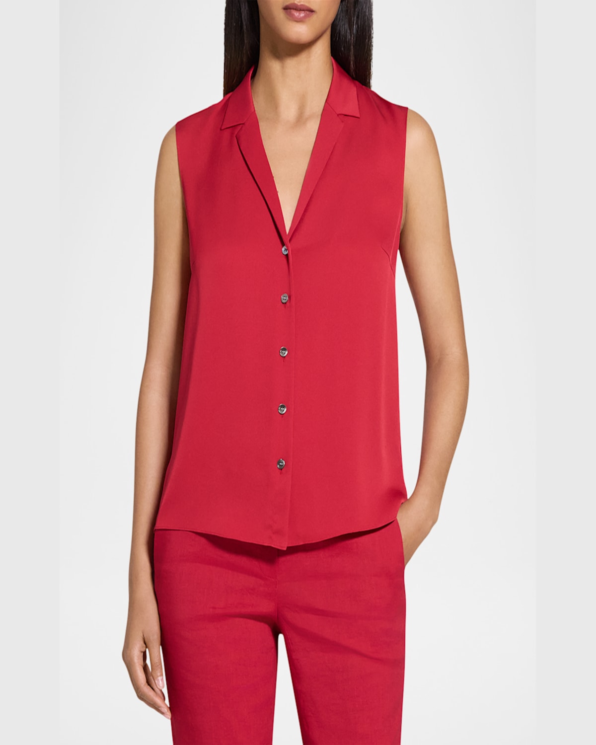Theory Sleeveless Button Front Silk Top In Chry