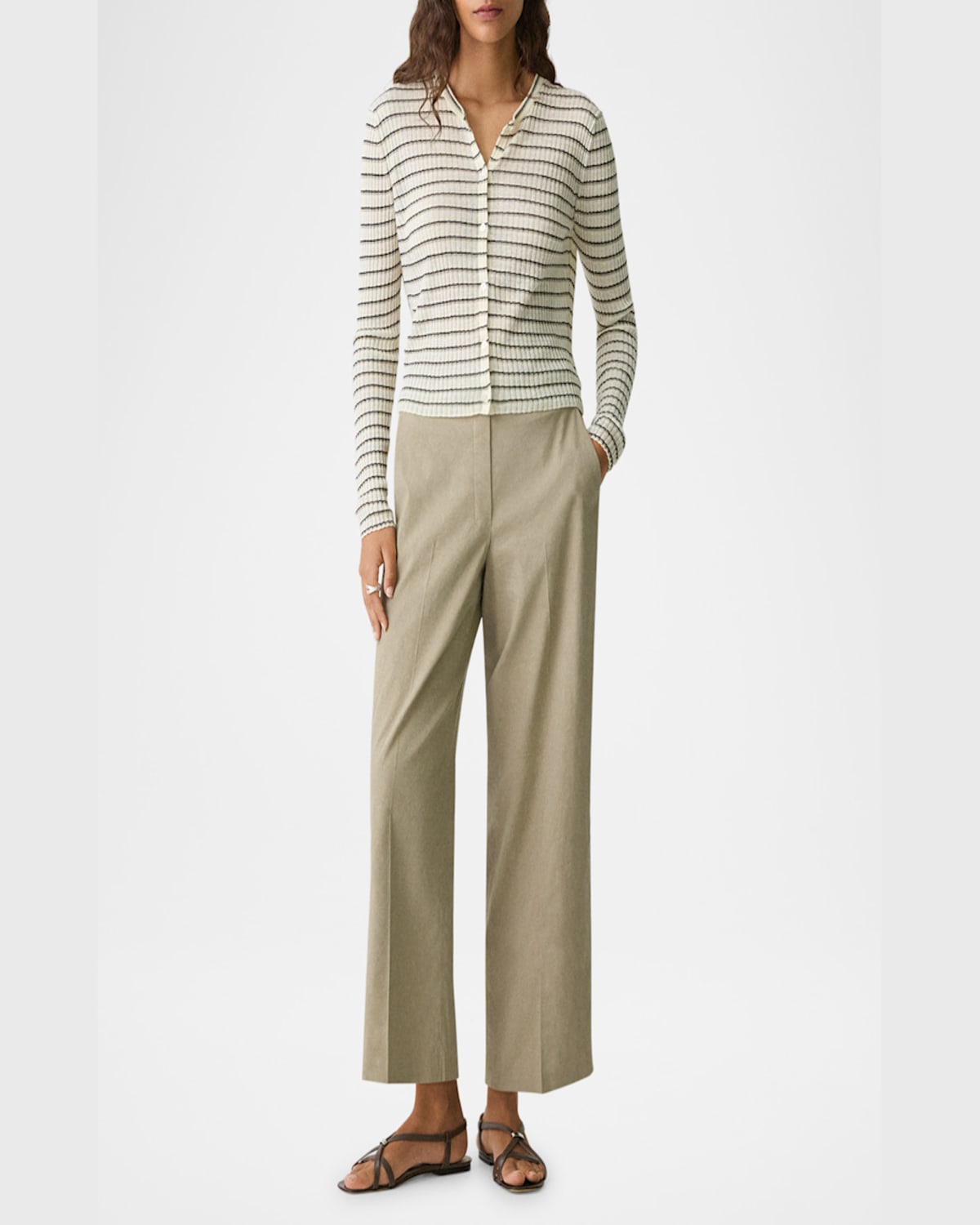 Theory Stripe Cropped Cardigan In Light Parchment Multi