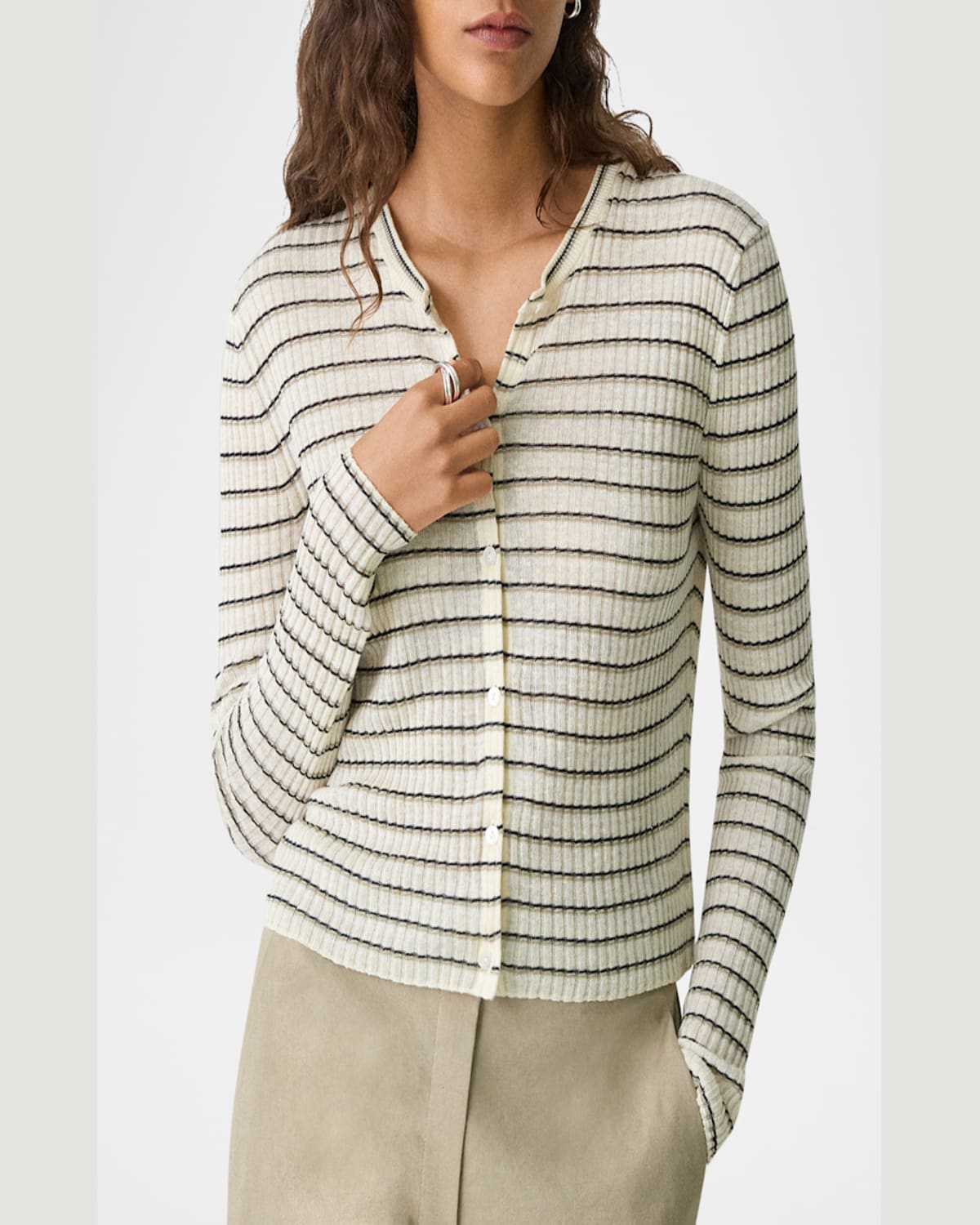 Theory Stripe Cropped Cardigan In Light Parchment Multi