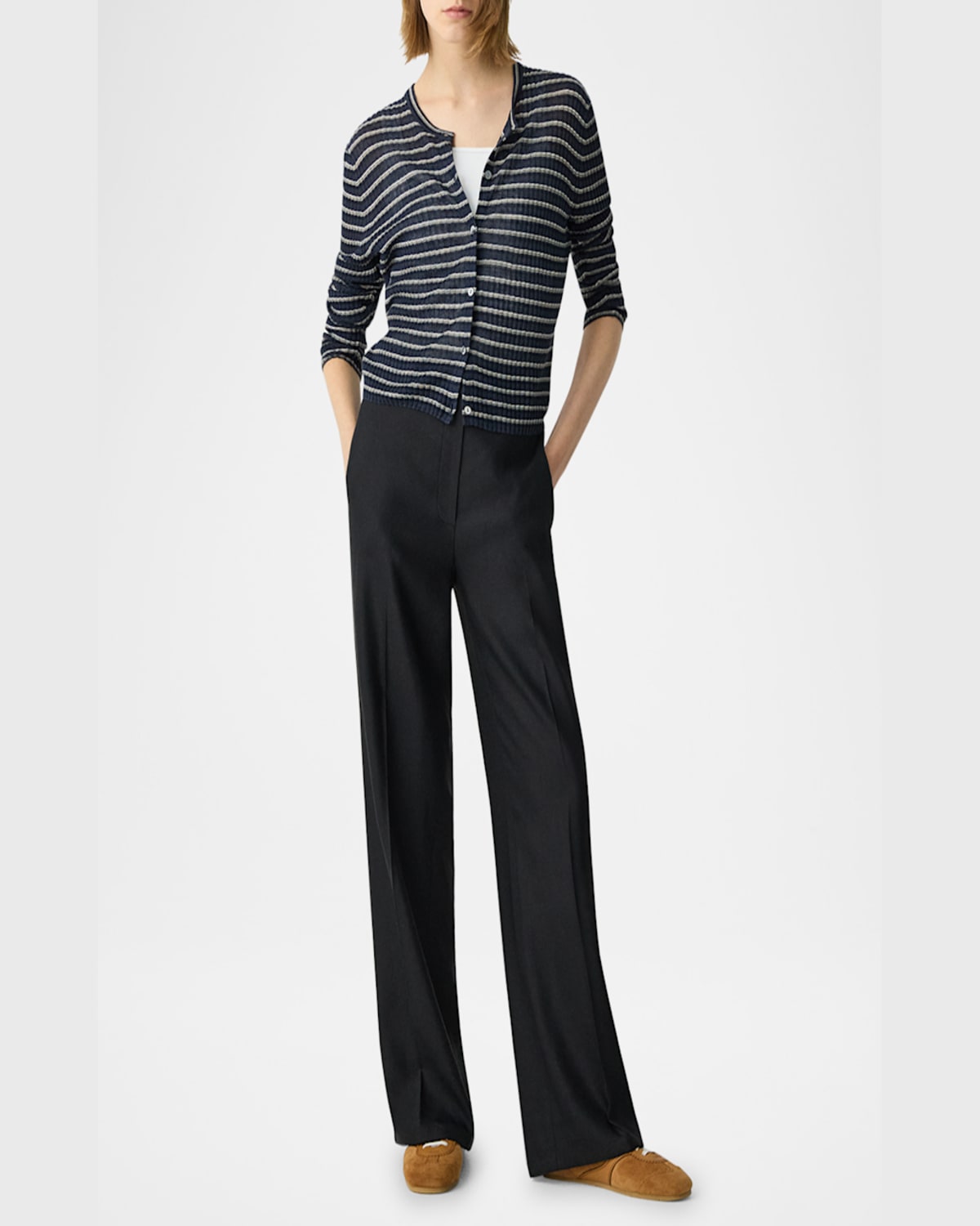 Theory Linen Blend Crewneck Cardigan Sweater In Nocturne Navy Multi