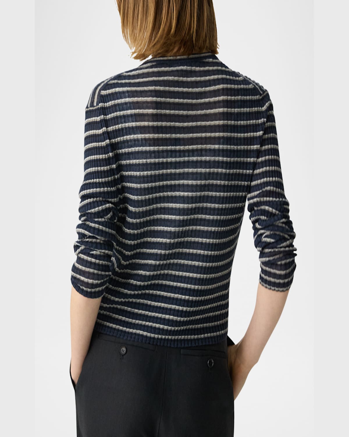 Theory Linen Blend Crewneck Cardigan Sweater In Nocturne Navy Multi