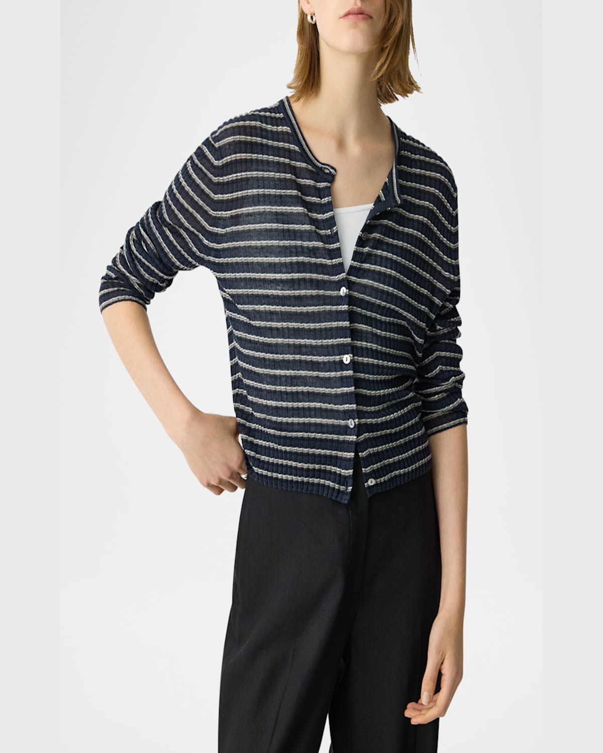 Theory Linen Blend Crewneck Cardigan Sweater In Nocturne Navy Multi