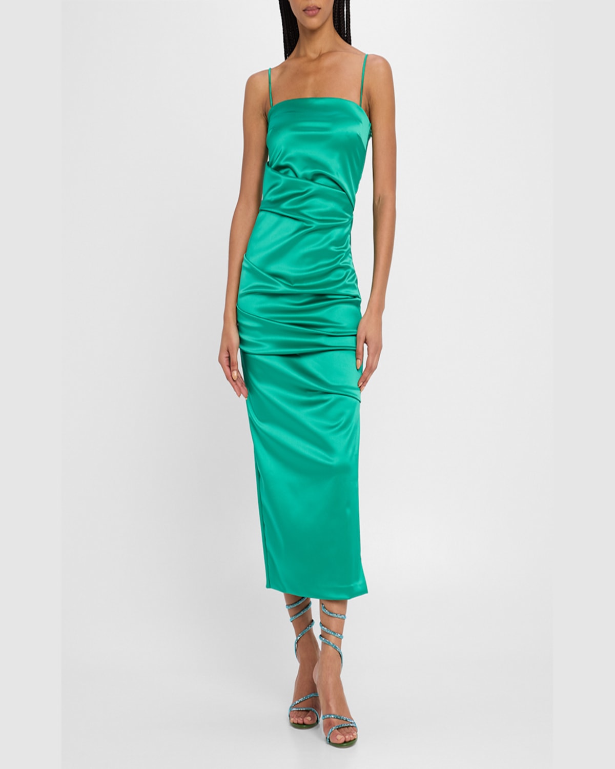 Chiara Boni La Petite Robe Keiky Square-neck Draped Satin Midi Dress In Emeraude