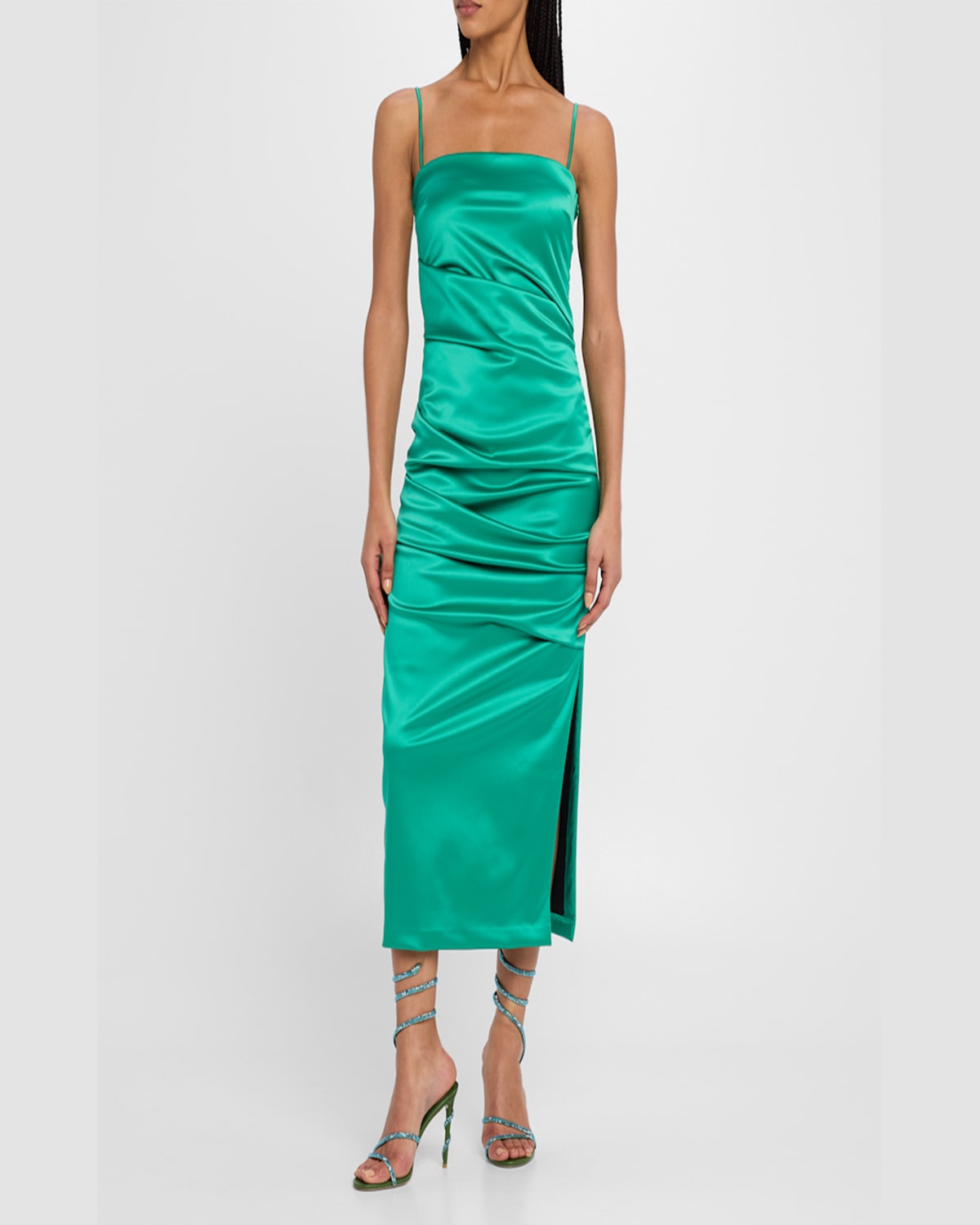 Chiara Boni La Petite Robe Keiky Square-neck Draped Satin Midi Dress In Emeraude