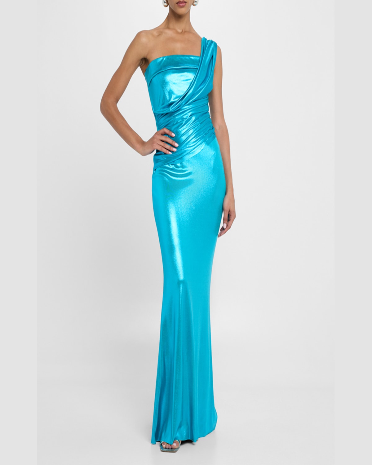 Chiara Boni La Petite Robe Ruched One-shoulder Shimmer Column Gown