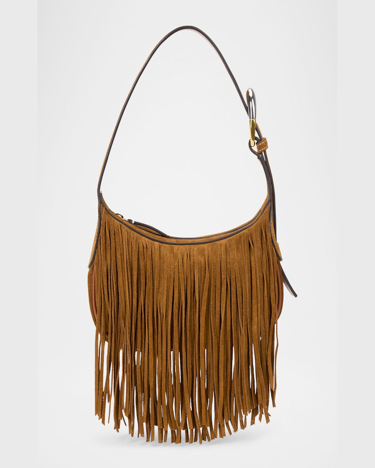 Staud Owen Leather-trimmed Fringed Suede Shoulder Bag In Brown