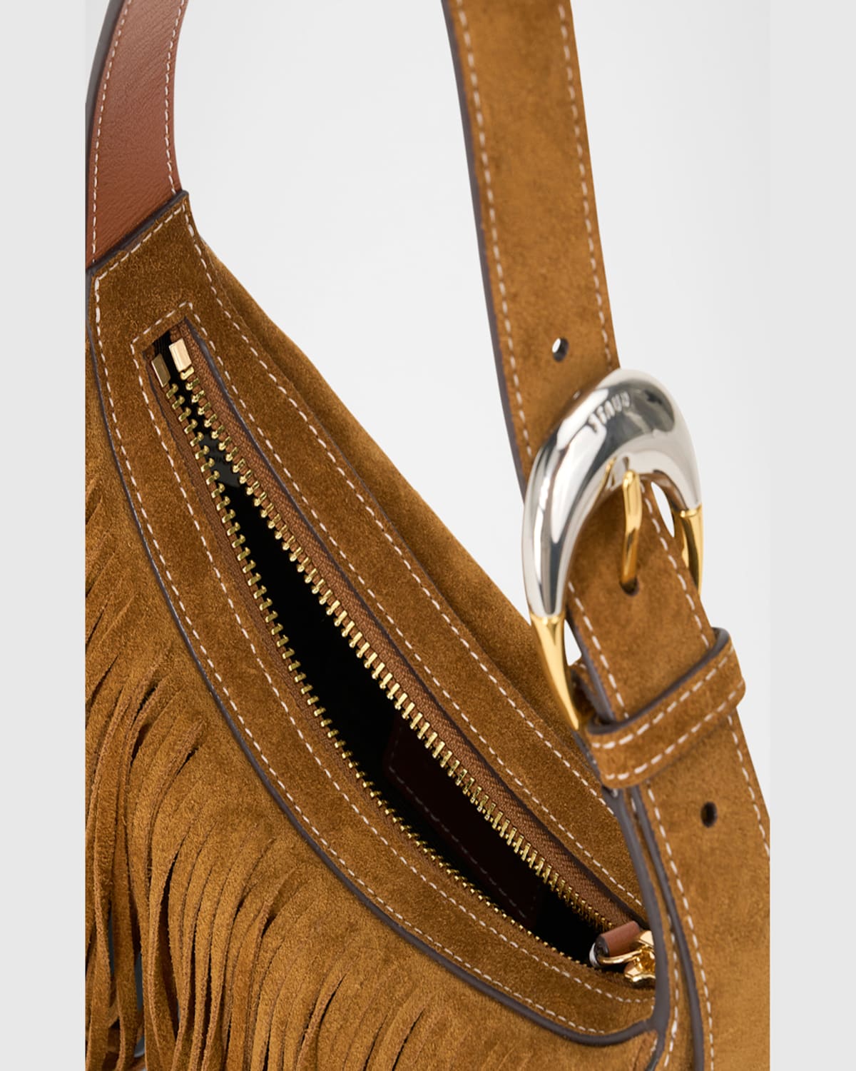 Staud Owen Leather-trimmed Fringed Suede Shoulder Bag In Brown