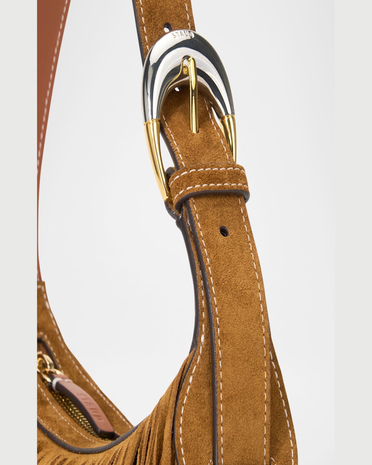 Staud Owen Leather-trimmed Fringed Suede Shoulder Bag In Brown