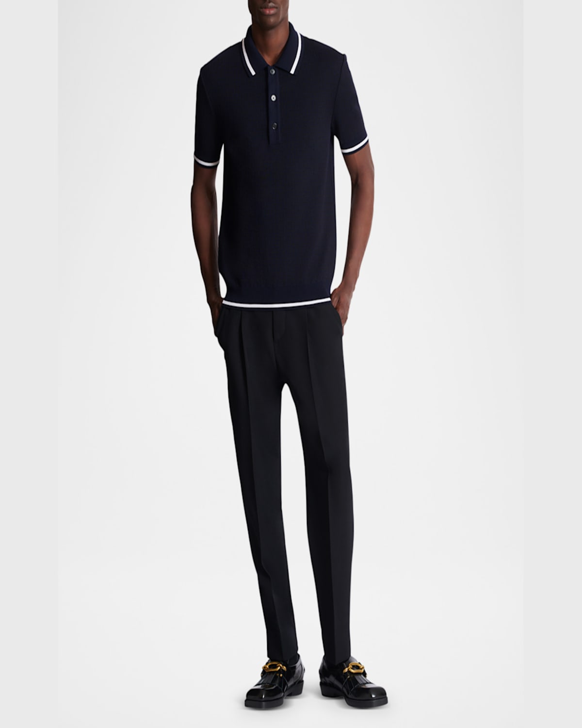 Shop Balmain Men's Monogram Knit Polo Shirt In Black/marine