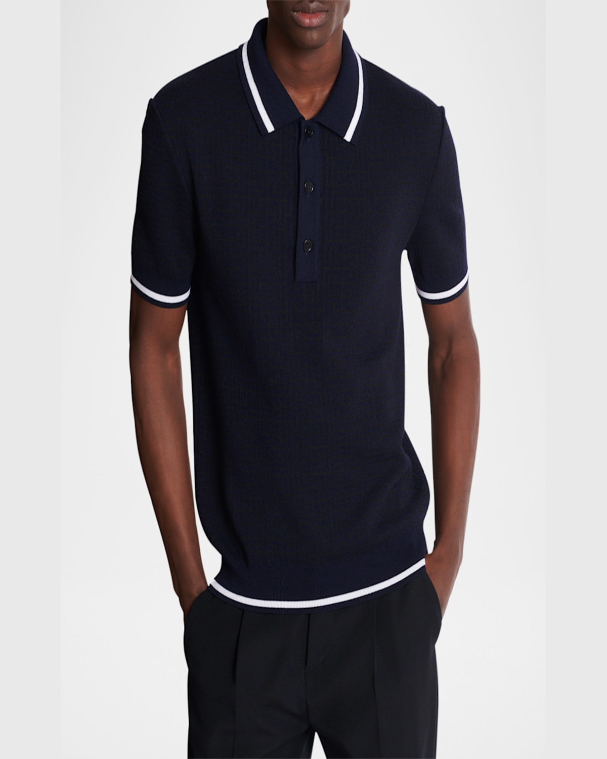 Shop Balmain Men's Monogram Knit Polo Shirt In Black/marine