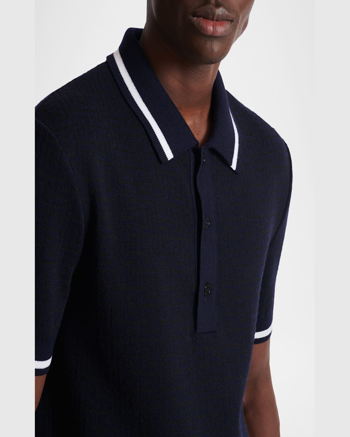 Shop Balmain Men's Monogram Knit Polo Shirt In Black/marine