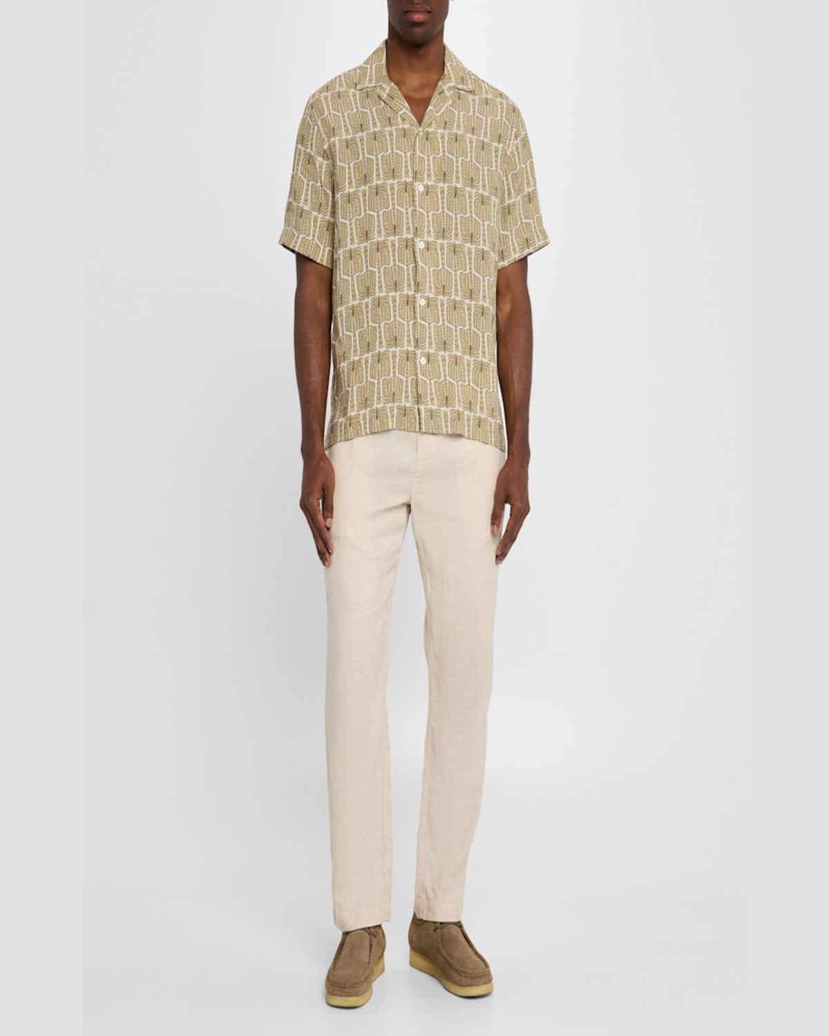 Shop Frescobol Carioca Men's Roberto Palmeira-print Linen Camp Shirt In Dried Moss