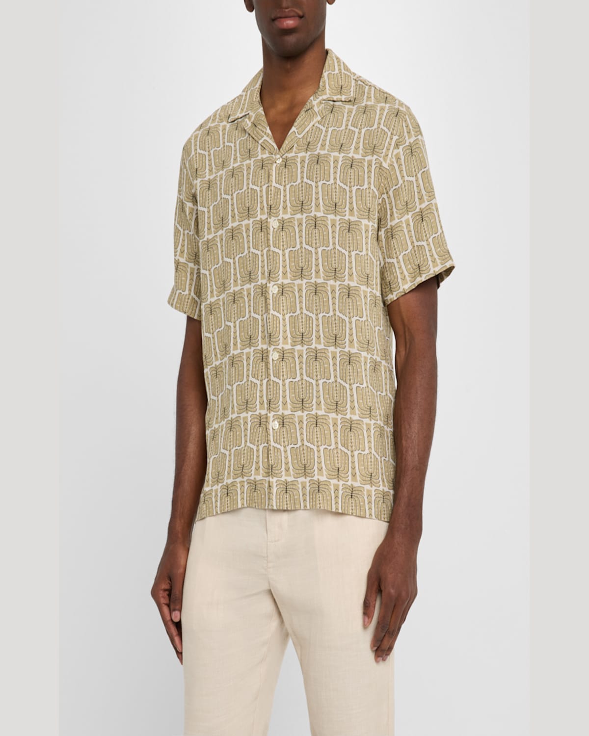 Shop Frescobol Carioca Men's Roberto Palmeira-print Linen Camp Shirt In Dried Moss