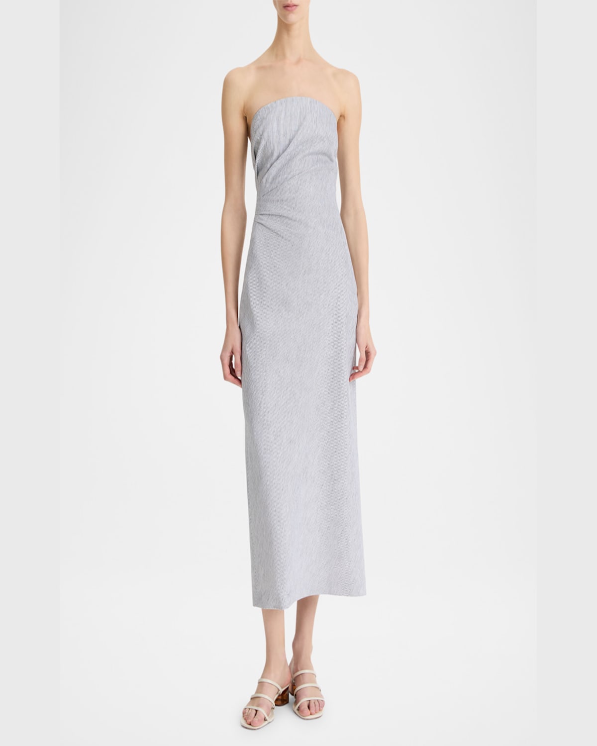 Vince Ticking Stripe Draped Strapless Midi Dress In Iris Slateoff White