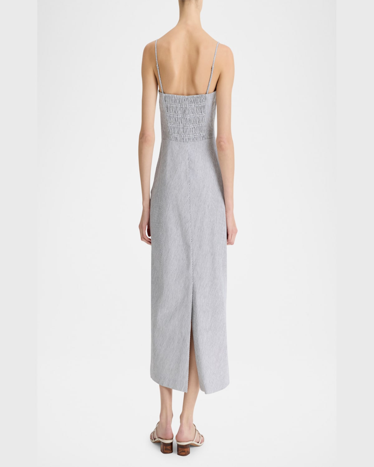 Vince Ticking Stripe Draped Strapless Midi Dress In Iris Slateoff White