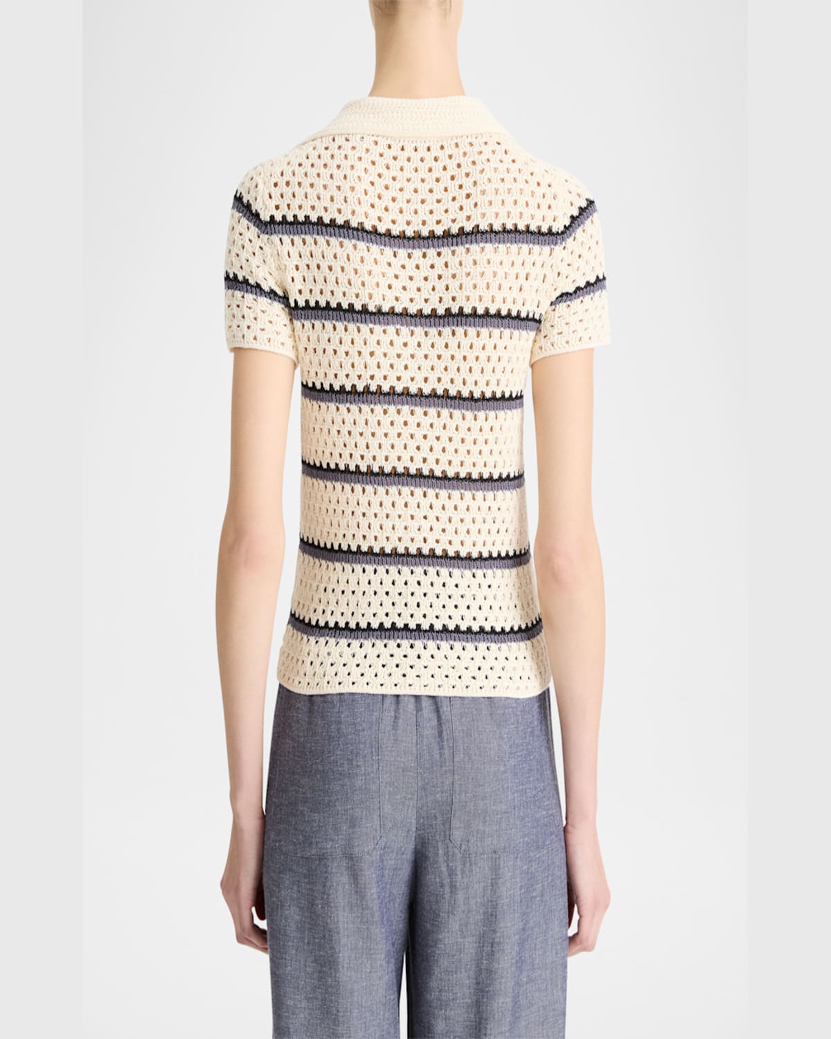 Vince Open Stitch Cotton Johnny Collar Sweater In Off White Combo