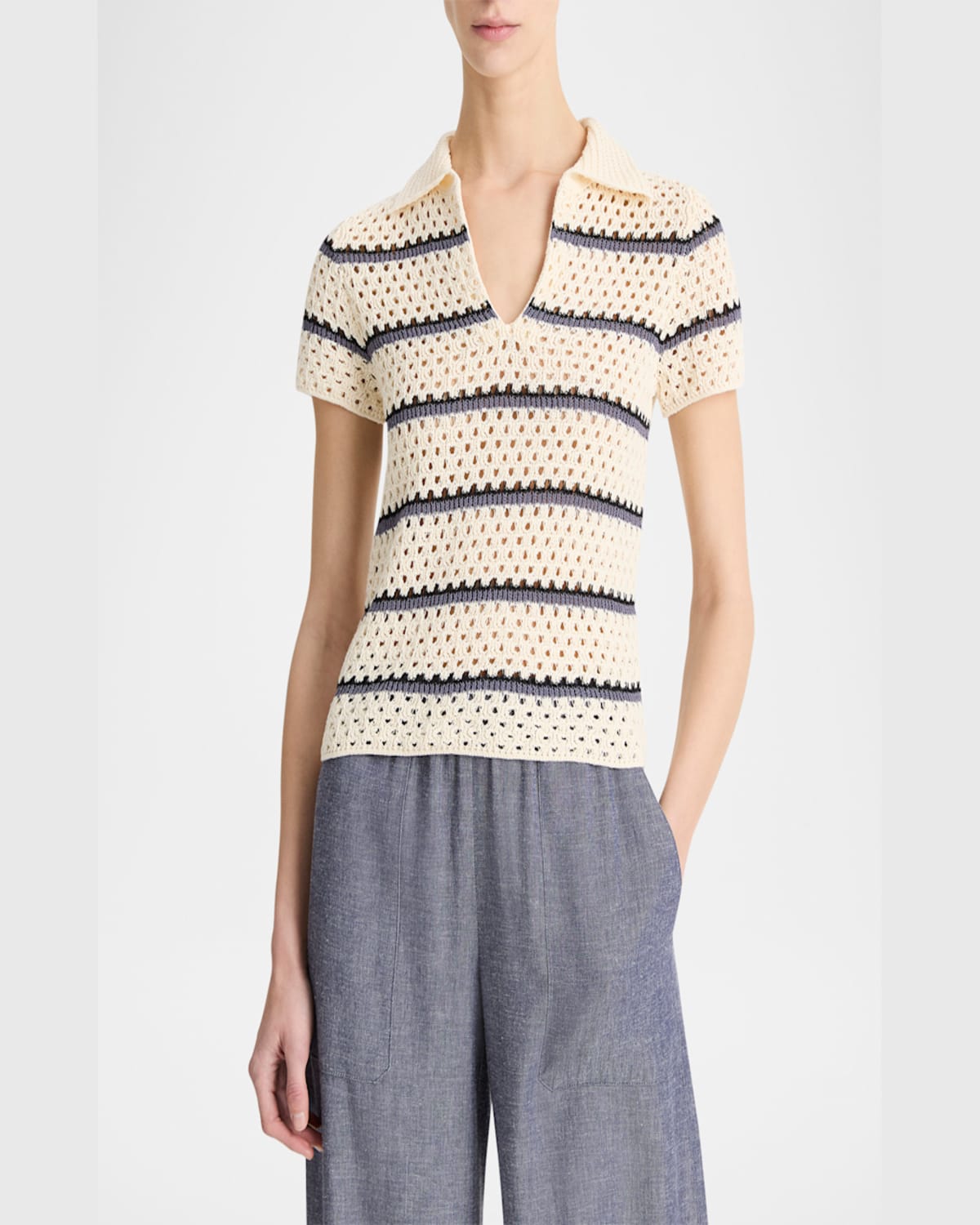 Vince Open Stitch Cotton Johnny Collar Sweater In Off White Combo