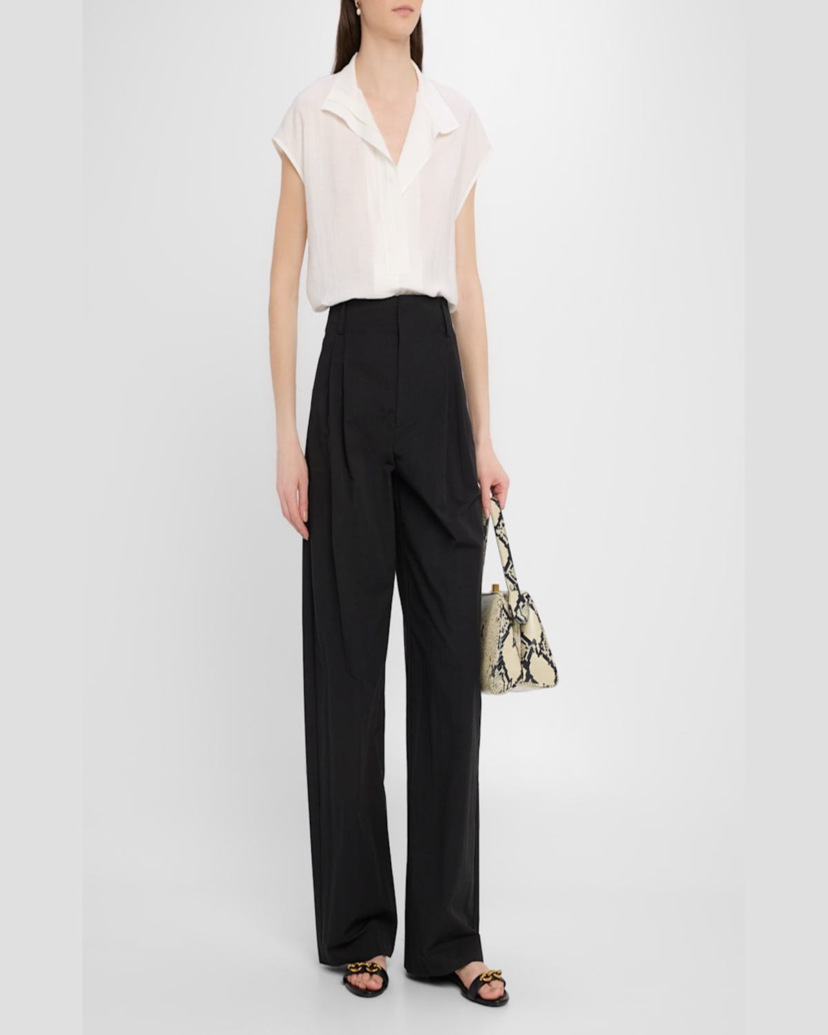 Vince Pleated High Waist Wide Leg Cotton Blend Pants In Black