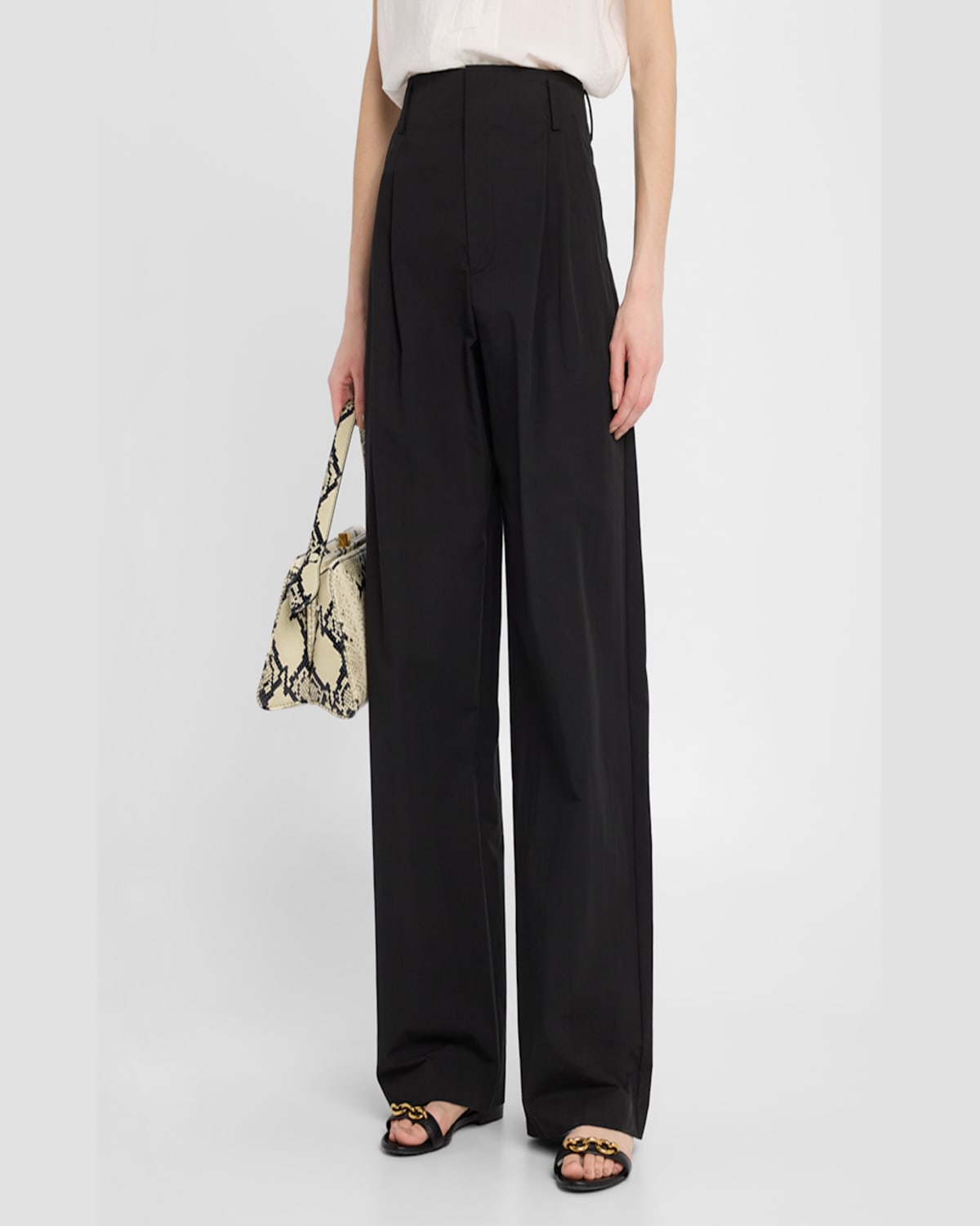 Vince Pleated High Waist Wide Leg Cotton Blend Pants In Black