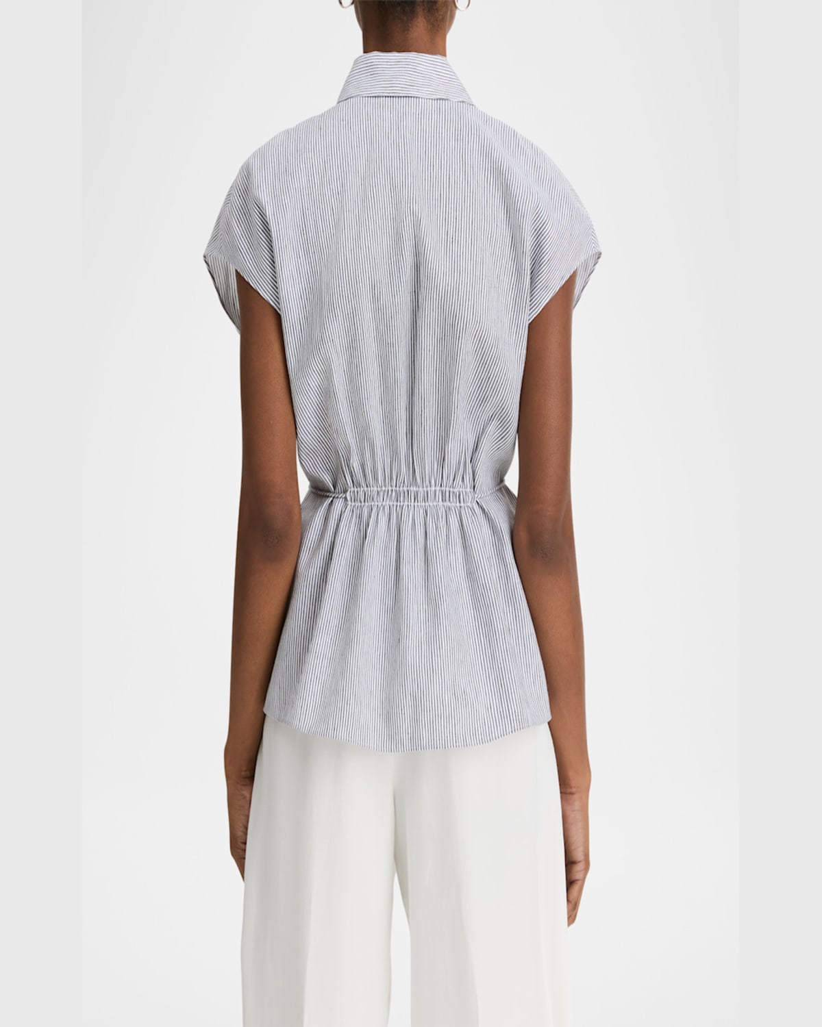 Shop Vince Ticking Stripe Cap-sleeve Blouse In Iris Slateoff White