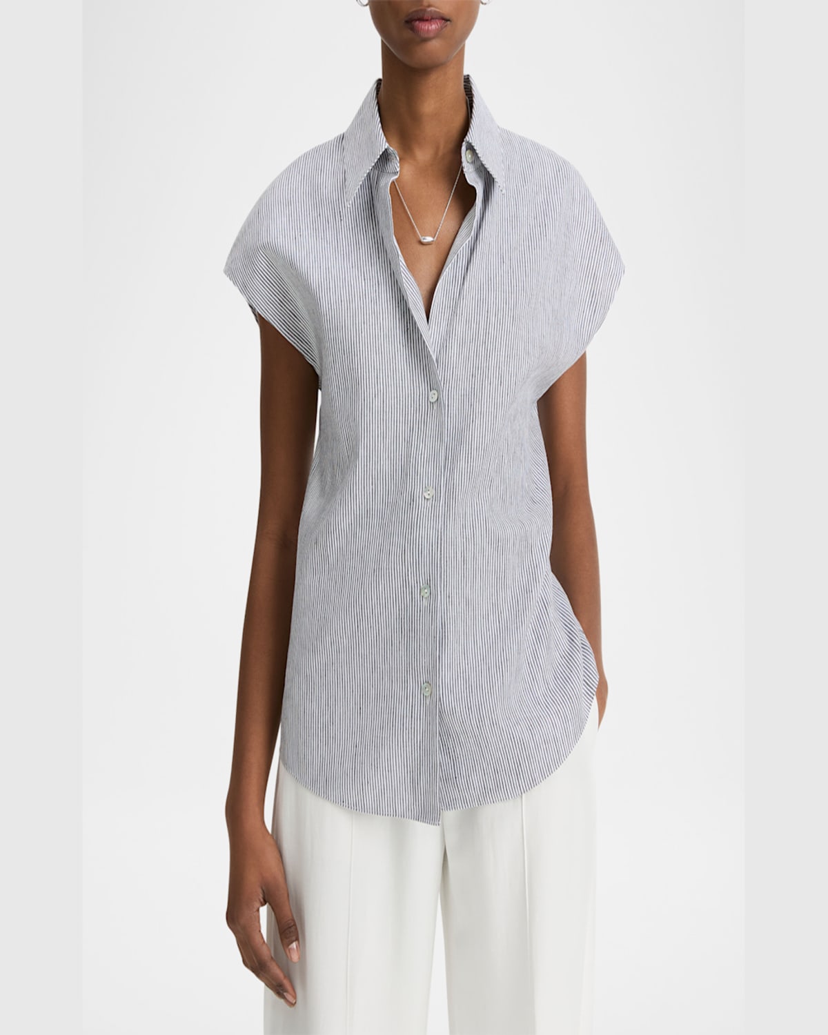 Shop Vince Ticking Stripe Cap-sleeve Blouse In Iris Slateoff White