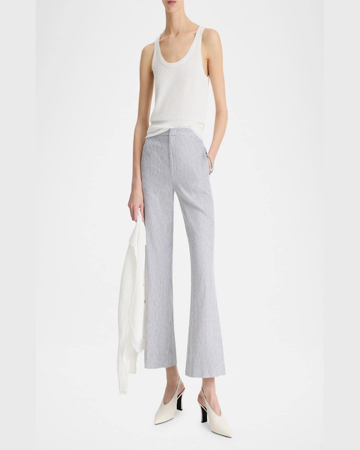 Vince Ticking Striped Linen-blend Trousers In Iris Slateoff White