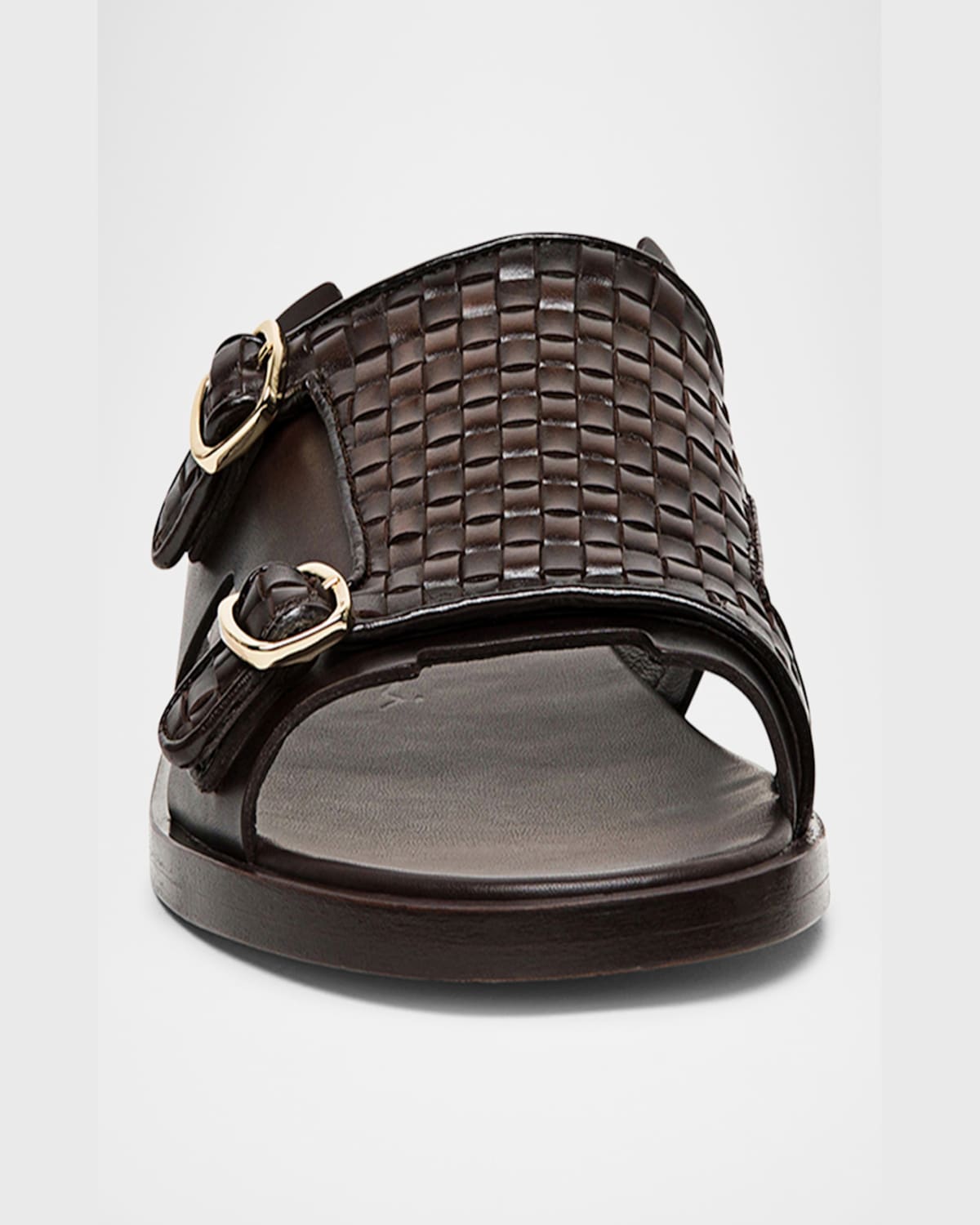 Santoni Men's Duo Woven Leather Double-buckle Slide Sandals In Dark Brown