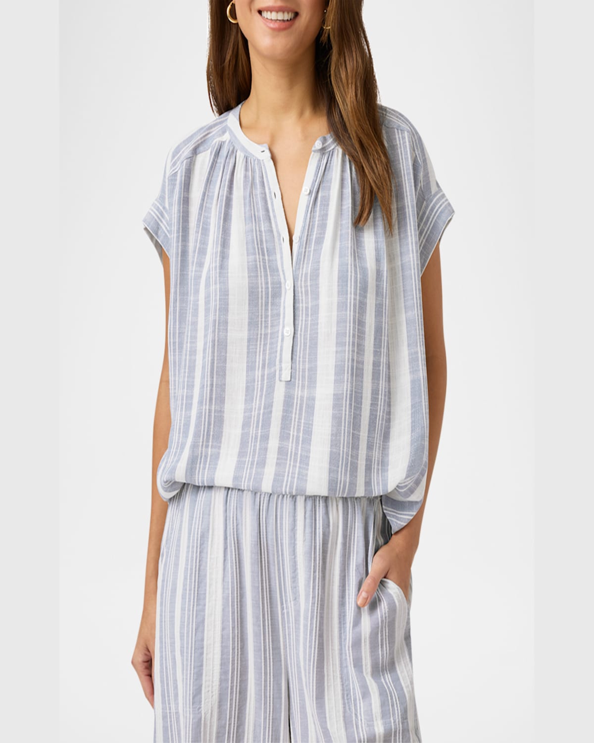 Splendid Raegan Striped Linen-blend Blouse In Whiteseaport