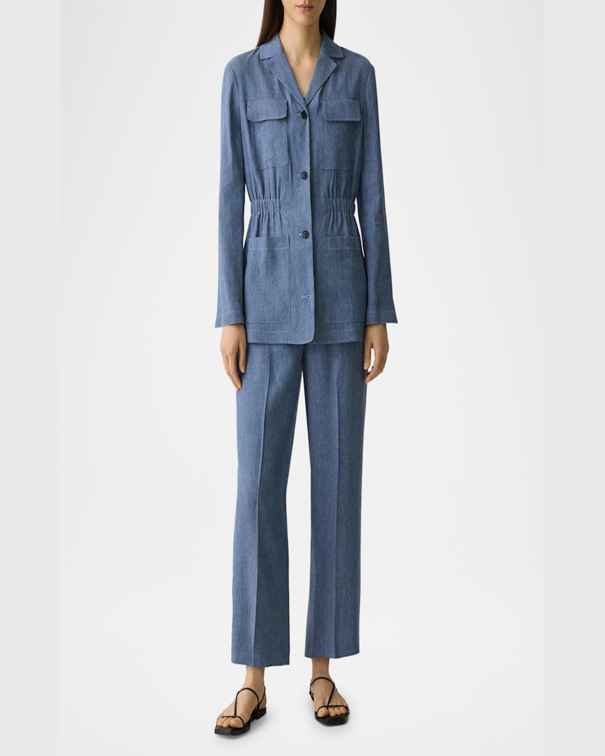 Theory Denim Pattern Cinched Waist Linen Blend Jacket In Lt Denm