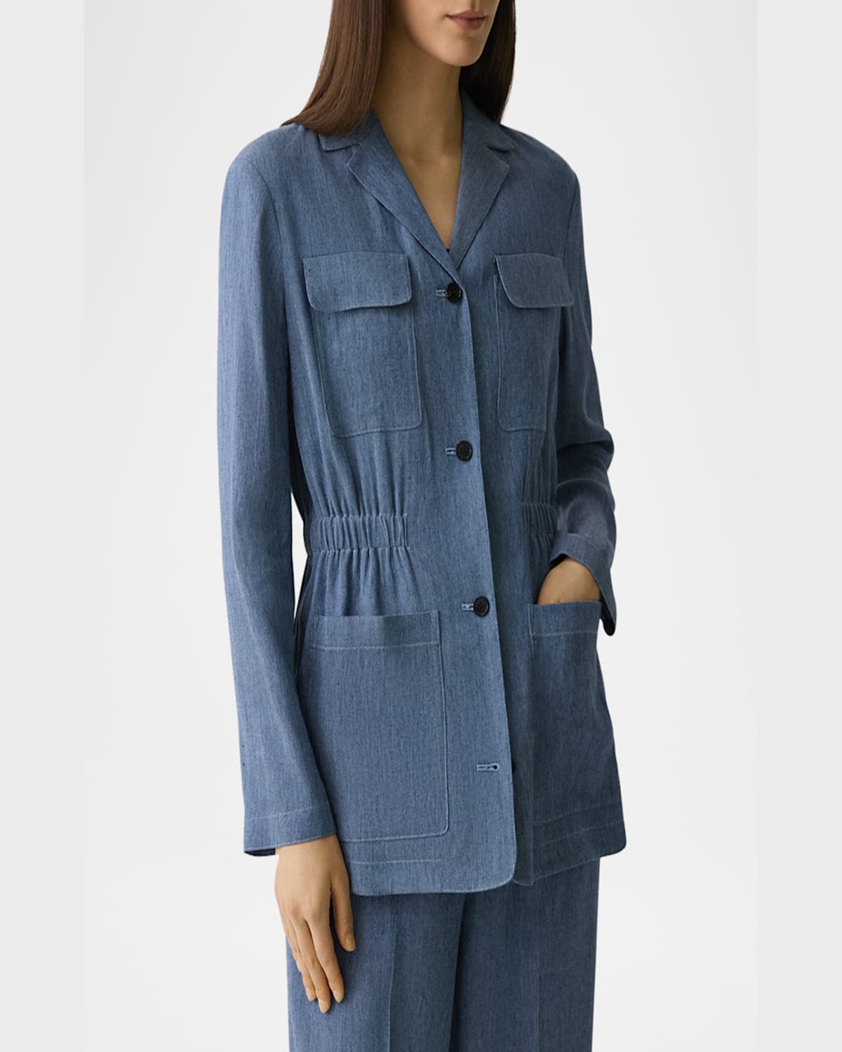 Theory Denim Pattern Cinched Waist Linen Blend Jacket In Lt Denm