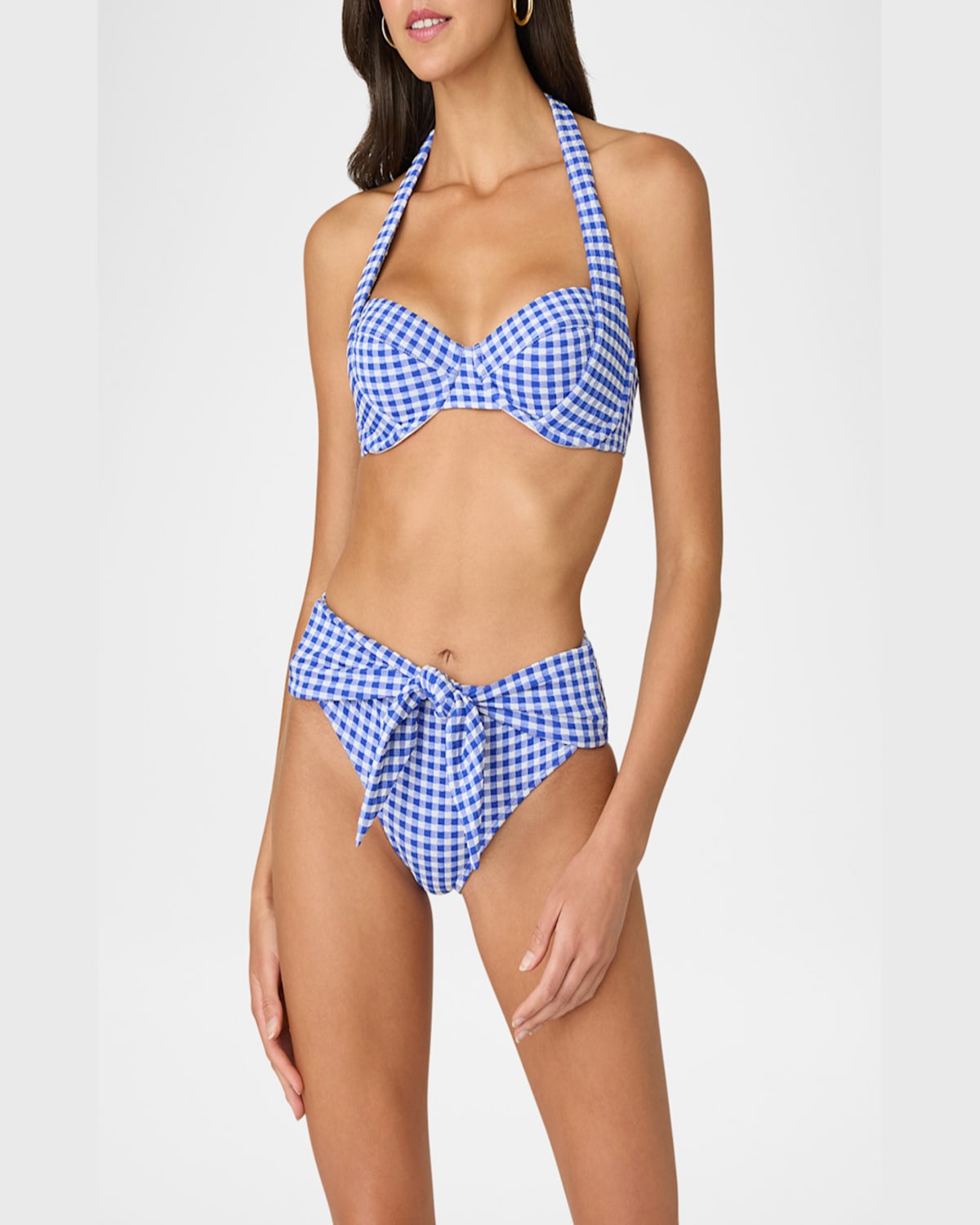 Shoshanna Gingham Tie High-waist Bikini Bottoms In Bright Blueoptic